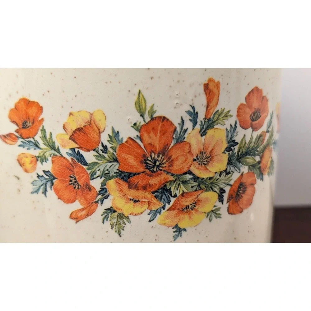 Vintage Ceramic Floral Canister Poppy Decal Speckled Glaze